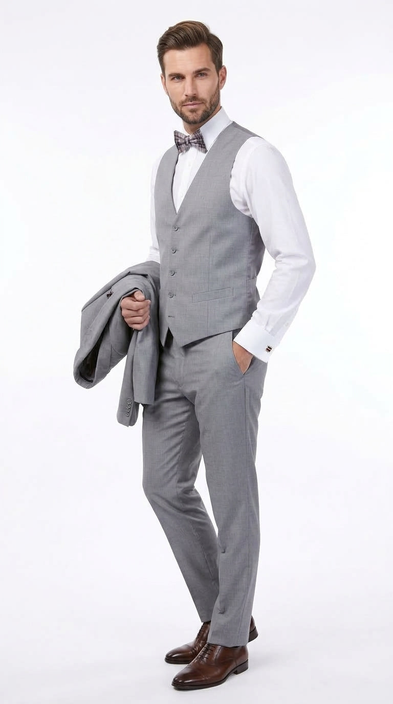 Slim Fit Suit Gray Narrow Lapel LOW VEST Vented European Men'S Slim Fit Suits - Three Piece Suit