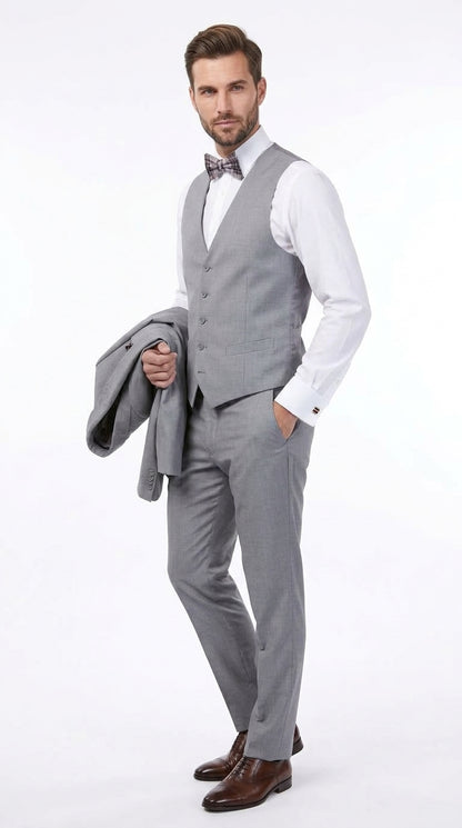 Slim Fit Suit Gray Narrow Lapel LOW VEST Vented European Men'S Slim Fit Suits - Three Piece Suit