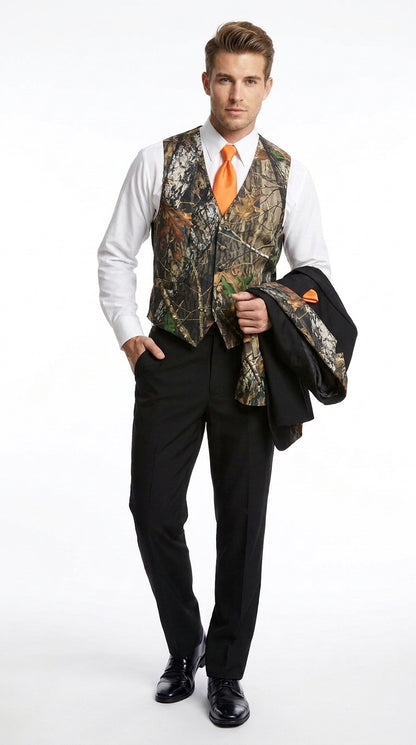Men’s Black Camo Tuxedo Suit, Slim Fit 2 Button Wedding Prom Suit with Camouflage Vest and Lapels