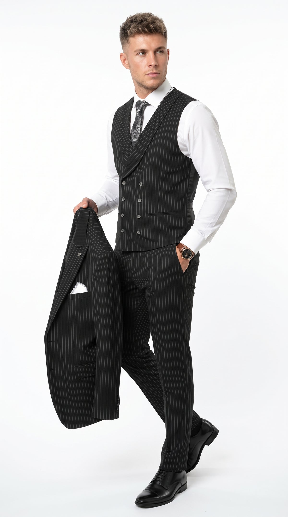 Men’s Black Gangster Pinstripe 3-Piece Suit – 2 Button Jacket with Double-Breasted Vest, Modern Fit