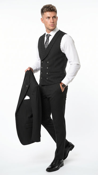 Men’s Black Gangster Pinstripe 3-Piece Suit – 2 Button Jacket with Double-Breasted Vest, Modern Fit