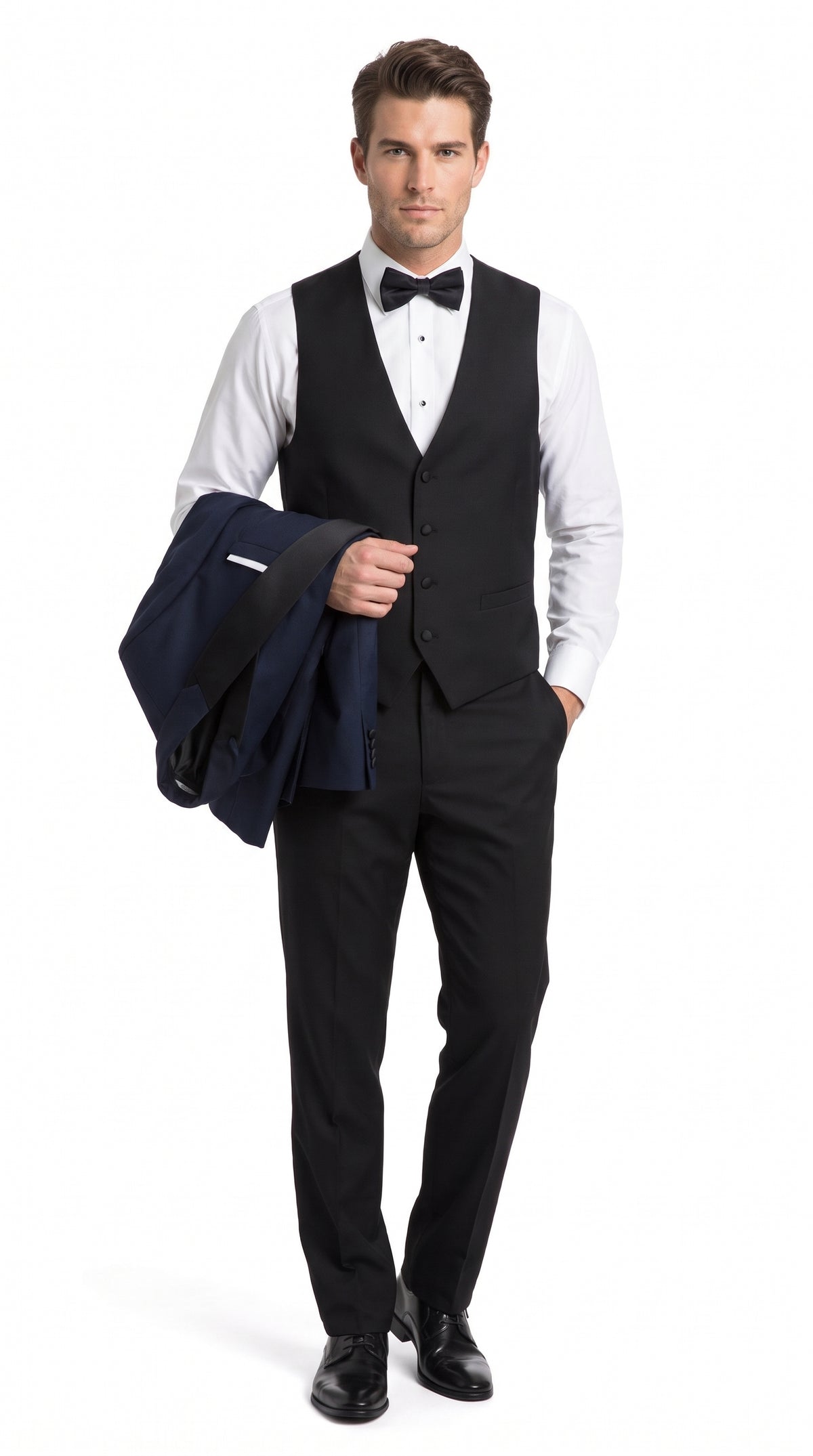 Men’s Big & Tall Navy Blue Tuxedo – Black Satin Shawl Lapel Formal Wedding & Prom Suit