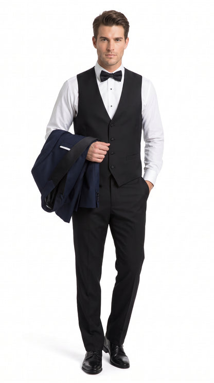 Men’s Big & Tall Navy Blue Tuxedo – Black Satin Shawl Lapel Formal Wedding & Prom Suit