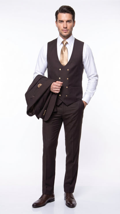 Rossi Man Max Chocolate Brown 3-Piece Suit – Men’s Formal Suit with Double-Breasted Vest & Gold Buttons