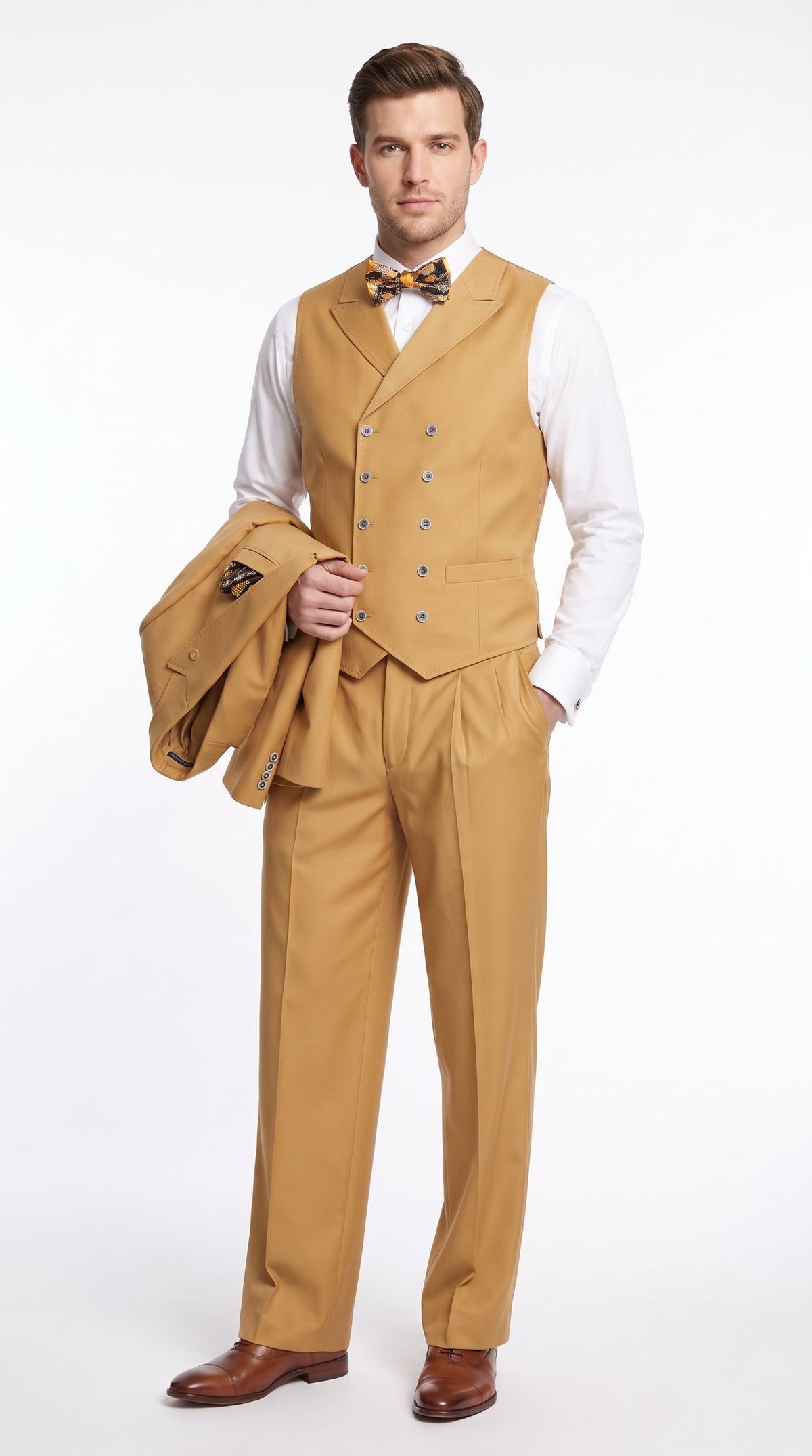 Men’s Camel Big & Tall 3-Piece Wool Suit – Peak Lapel Classic Fit with Double-Breasted Vest & Pleated Pants
