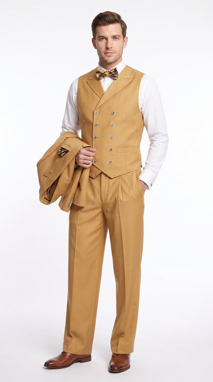 Men’s Camel Big & Tall 3-Piece Wool Suit – Peak Lapel Classic Fit with Double-Breasted Vest & Pleated Pants