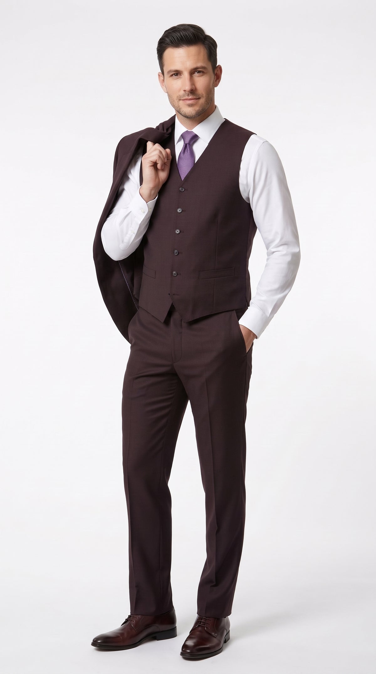 Statement Men’s Plum Eggplant 2 Button Modern Fit Suit, Italian Style Wool Formal Wedding Business Suit