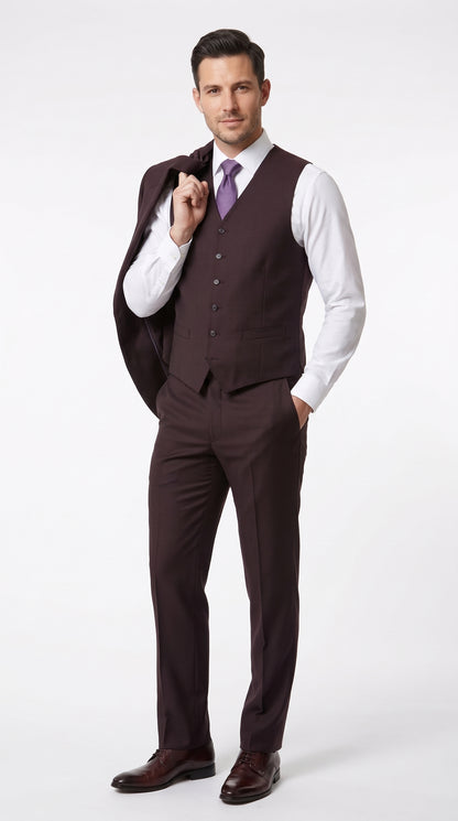 Statement Men’s Plum Eggplant 2 Button Modern Fit Suit, Italian Style Wool Formal Wedding Business Suit