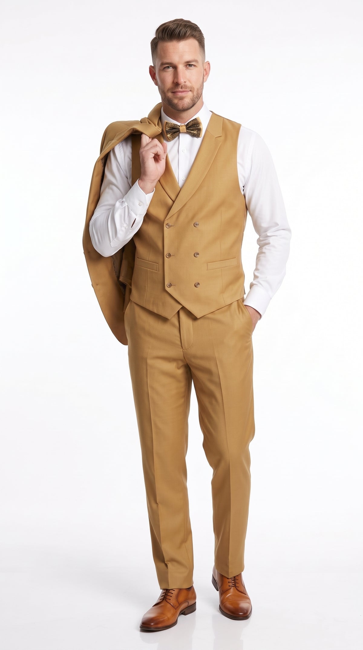 Men’s Camel Classic Fit 3 Piece Suit, Vested Formal Wedding Prom Suit with Knee Lined Pants