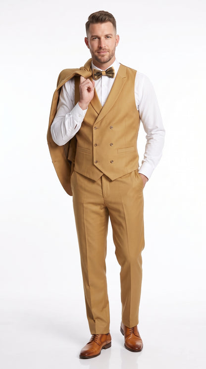 Men’s Camel Classic Fit 3 Piece Suit, Vested Formal Wedding Prom Suit with Knee Lined Pants