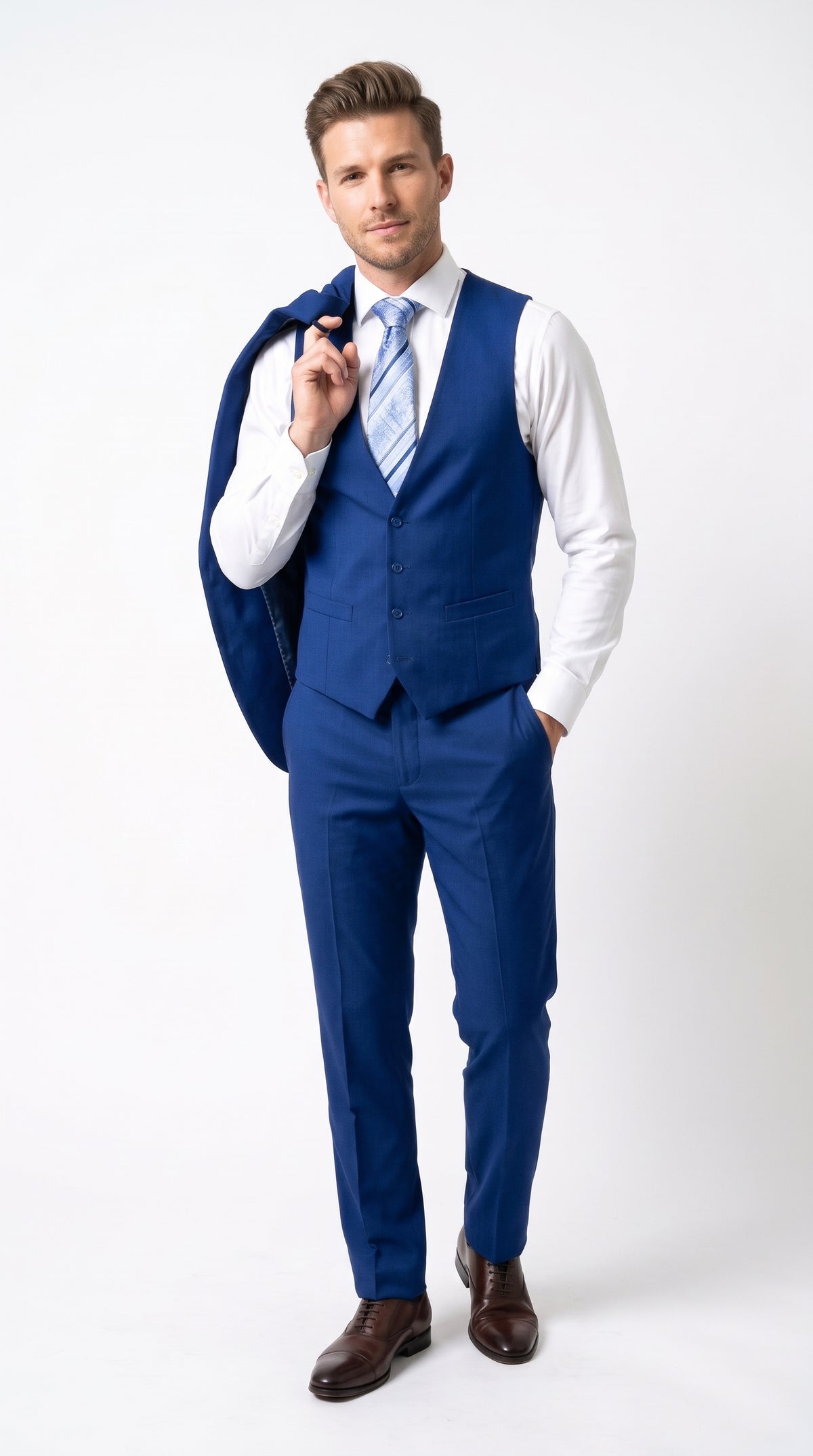 Men’s Royal Blue 3 Piece Vested Suit, 2 Button Peak Lapel Formal Wedding Prom Business Suit