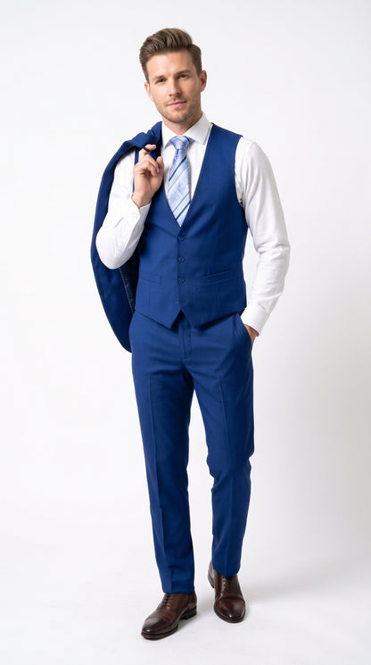 Men’s Royal Blue 3 Piece Vested Suit, 2 Button Peak Lapel Formal Wedding Prom Business Suit