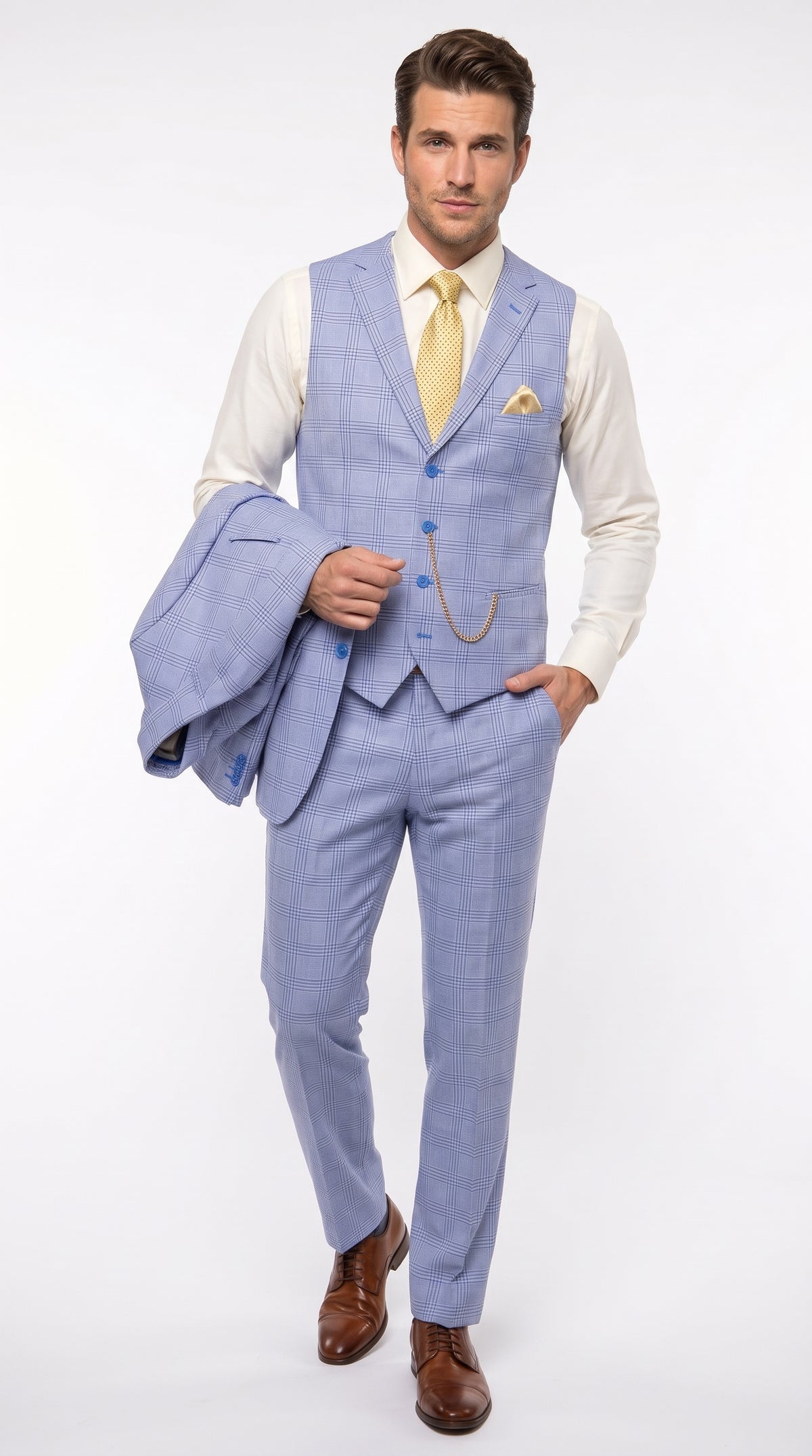 Men’s Sky Blue Glen Plaid 3 Piece Suit SV2W6, Windowpane Checkered Vested Formal Wedding Prom Suit