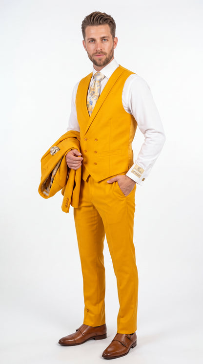 Rossi Man ELI RM103 – Men’s Bold Yellow Modern Fit 3-Piece Suit with Peak Lapel