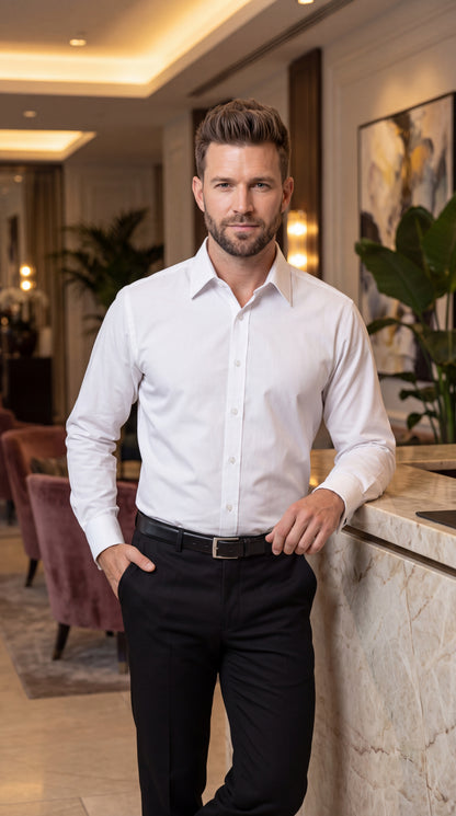 Men’s White Cotton Blend Dress Shirt – Convertible Cuffs Formal Long Sleeve Shirt