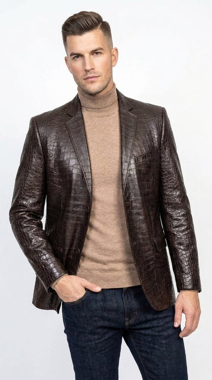Zacchi Men’s Brown Crocodile Print Blazer, Italian Cut Alligator Leather Feel Sport Coat