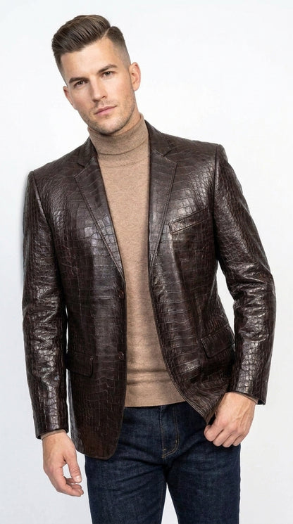 Zacchi Men’s Brown Crocodile Print Blazer, Italian Cut Alligator Leather Feel Sport Coat