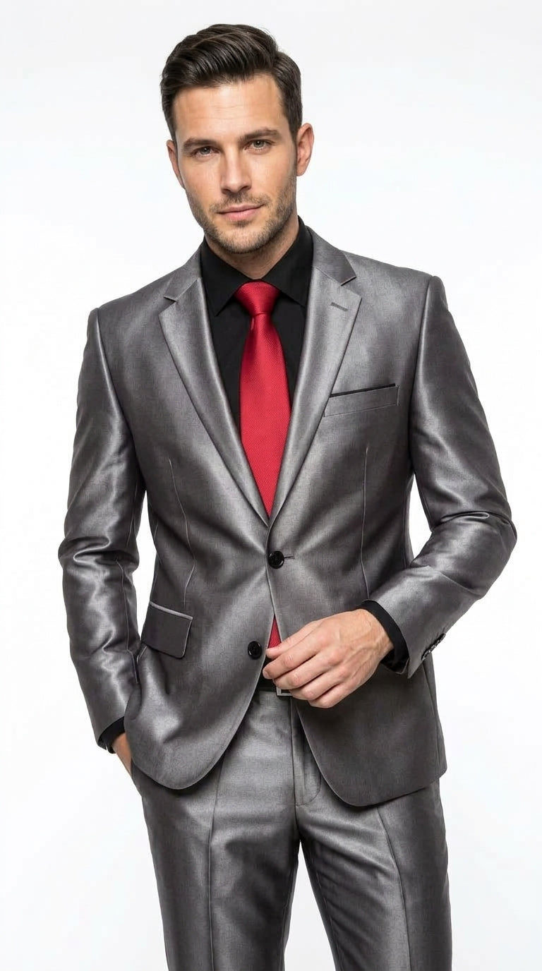 Men’s Shiny Sharkskin Charcoal Gray Suit, 2 Button Dark Grey Formal Suit with Flat Front Pants