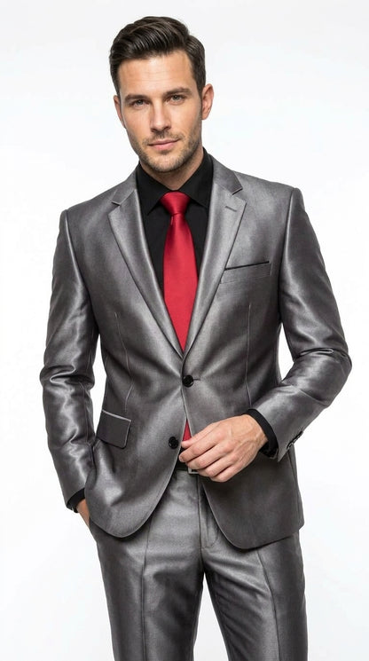 Men’s Shiny Sharkskin Charcoal Gray Suit, 2 Button Dark Grey Formal Suit with Flat Front Pants