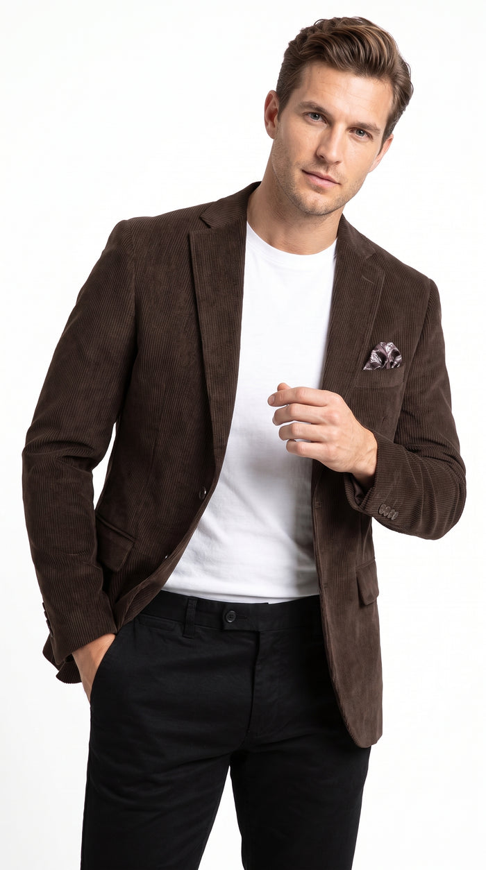 Men’s Chocolate Brown Corduroy Blazer, 100% Cotton Stretch Modern Fit Sport Coat