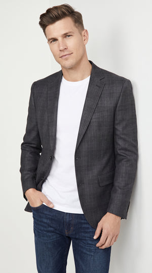 Men's Charcoal Grey Plaid Blazer – Classic 2-Button Windowpane Check Sport Coat for Business, Weddings & Formal Wear