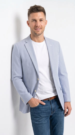 Men's Sapphire Blue Seersucker Blazer – Classic 2-Button Striped Summer Sport Coat for Weddings & Parties