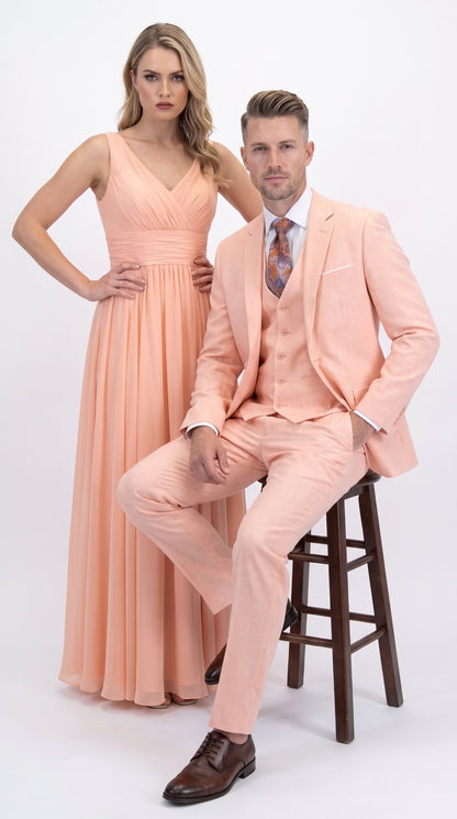 Men’s Peach Light Orange Blush 3 Piece Summer Suit with 2 Button Jacket and Ticket Pocket