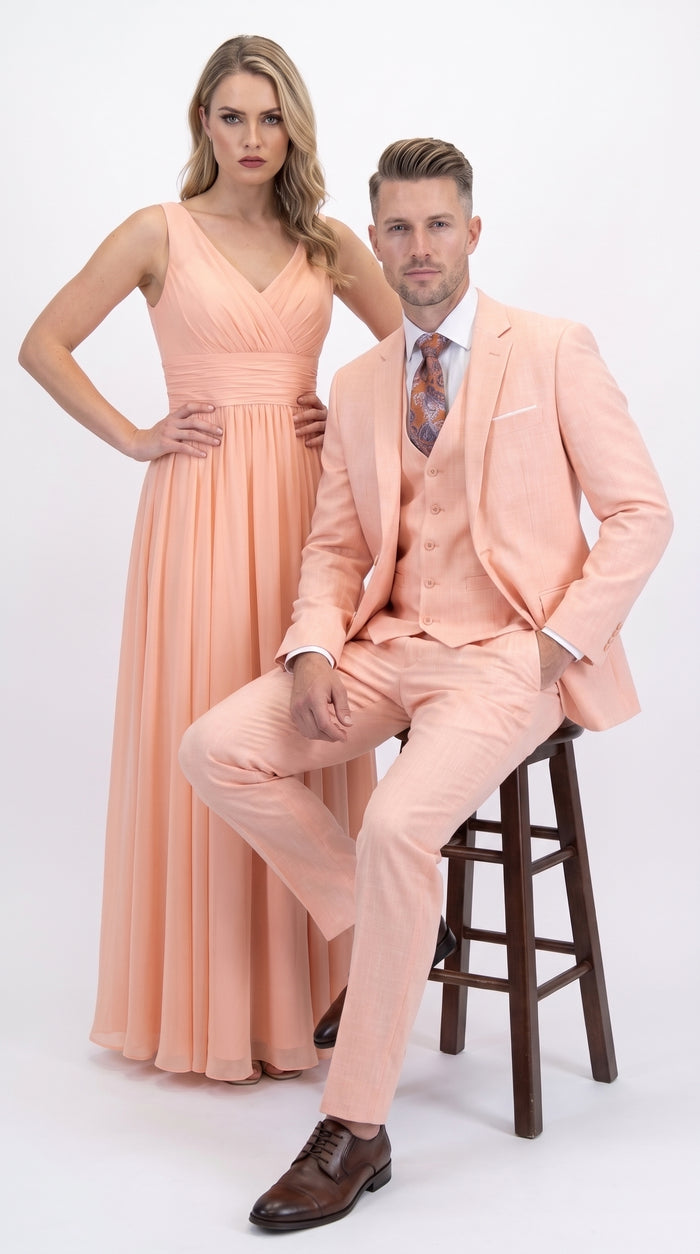 Men’s Peach Light Orange Blush 3 Piece Summer Suit with 2 Button Jacket and Ticket Pocket