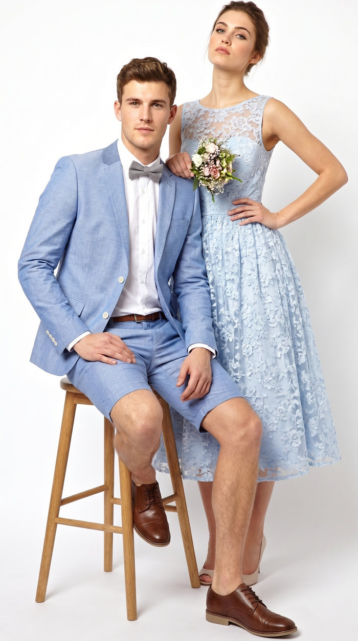 Men’s Light Blue Short Pants Suit Set, 2 Button Summer Wedding Prom Outfit