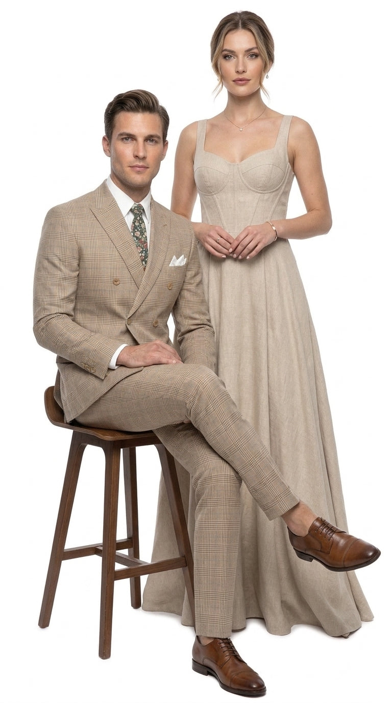 Alexander Collection Men’s Beige Double-Breasted Windowpane Suit – Regular Fit 2-Piece Wedding, Business and Formal Suit