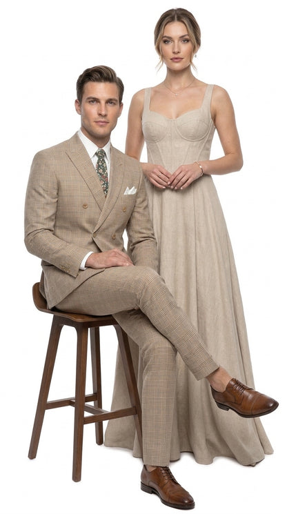 Alexander Collection Men’s Beige Double-Breasted Windowpane Suit – Regular Fit 2-Piece Wedding, Business and Formal Suit