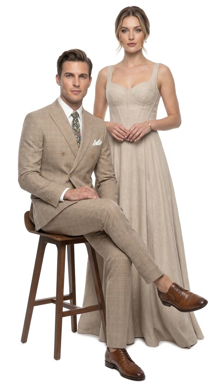 Alexander Collection Men’s Beige Double-Breasted Windowpane Suit – Regular Fit 2-Piece Wedding, Business and Formal Suit