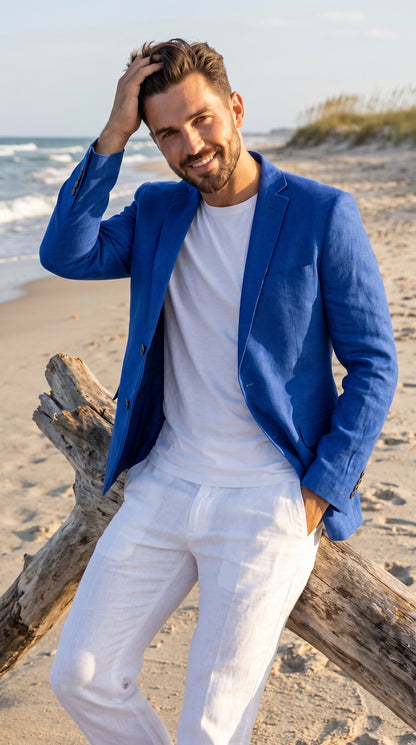 Men’s Royal Blue Linen Blazer – 2 Button Summer Sport Coat for Weddings, Parties & Casual Wear