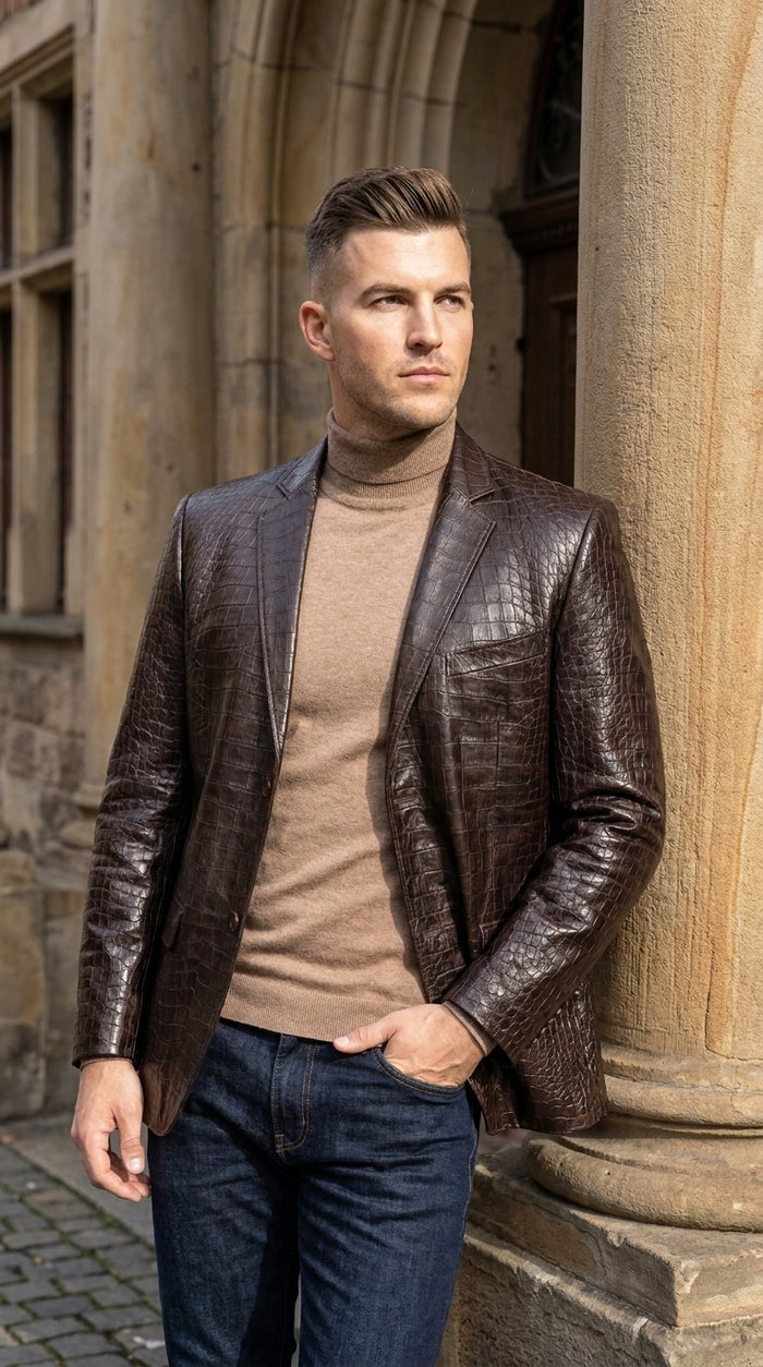 Zacchi Men’s Brown Crocodile Print Blazer, Italian Cut Alligator Leather Feel Sport Coat
