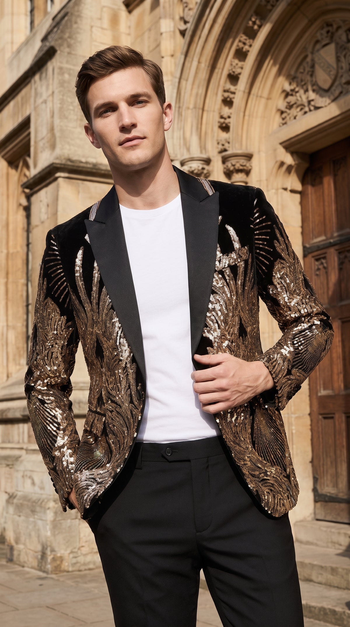 Men’s Black & Gold Peacock Sequin Tuxedo Jacket – Luxury Prom, Wedding & Party Blazer with Black Shawl Lapel