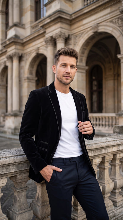 Men's Black Prom Party Blazer – Modern Fit 2-Button Velvet-Style Designer Dinner Jacket with Contrast Piping