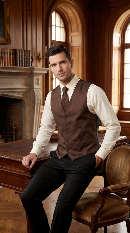 Men’s Dark Brown Paisley Tuxedo Vest and Matching Tie Set, Formal Wedding Waistcoat for Prom, Church and Parties