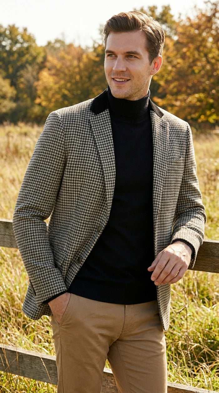 Men’s White and Black Houndstooth Checkered Blazer, Dress Casual Sport Coat Jacket