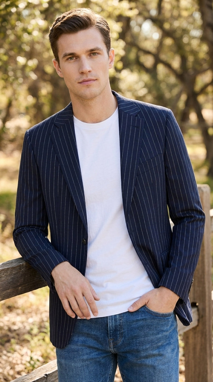 Men’s Navy Blue Chalk Pinstripe Blazer Sport Coat – 1920s Gangster Style Dress Jacket