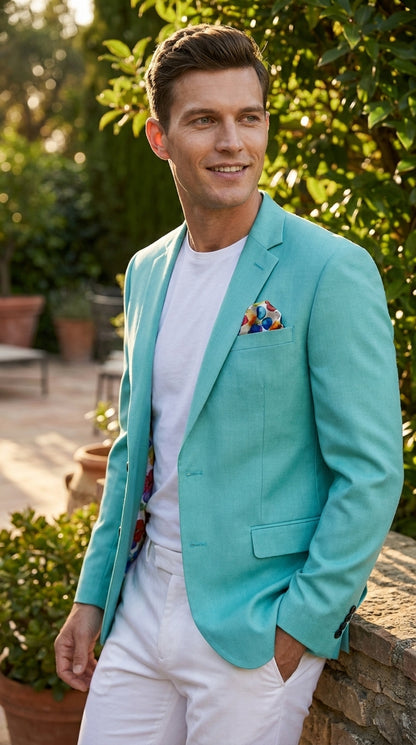 Men’s Aqua One Button Blazer, Formal Dress Sport Coat for Wedding Prom and Parties