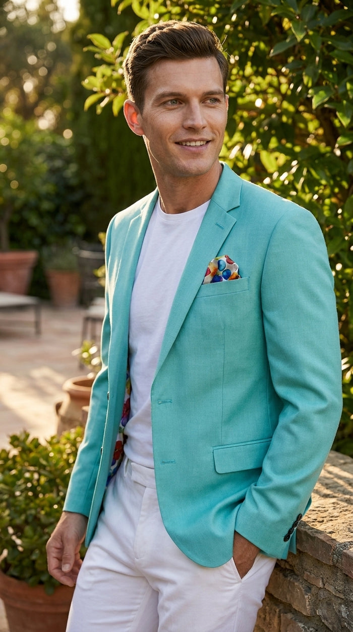 Men’s Aqua One Button Blazer, Formal Dress Sport Coat for Wedding Prom and Parties