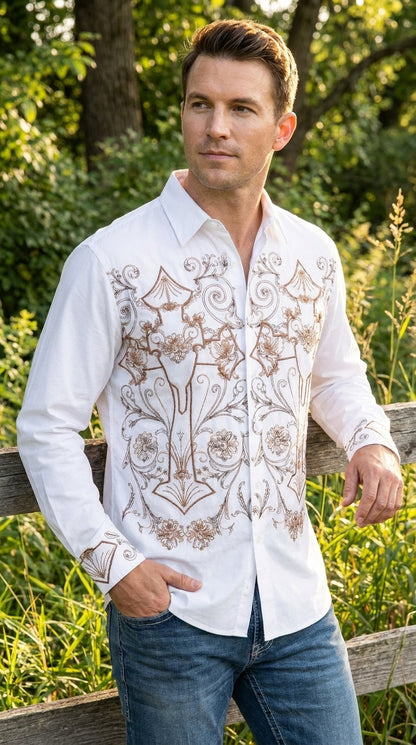 Men’s Multi Color Embroidered Cotton Dress Shirt, Stylish Casual Fashion Button Down Shirt