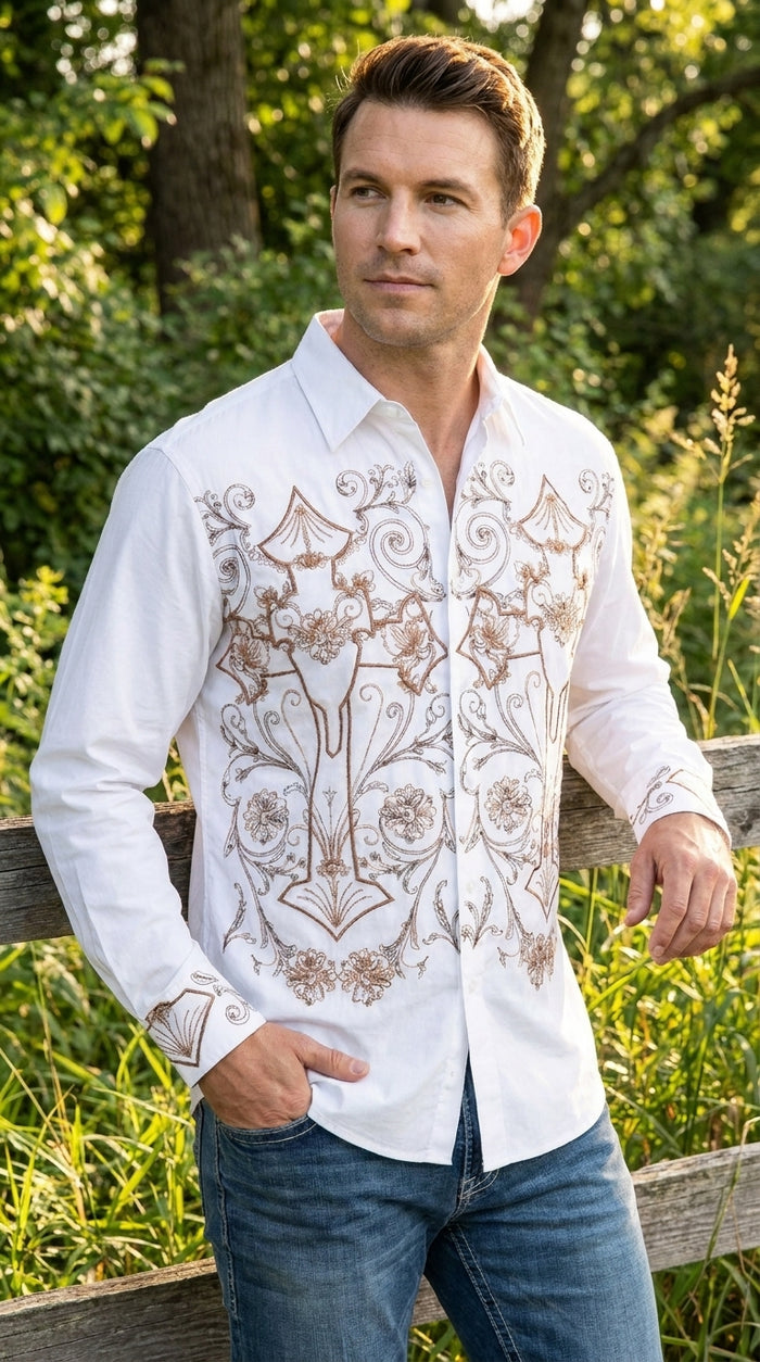 Men’s Multi Color Embroidered Cotton Dress Shirt, Stylish Casual Fashion Button Down Shirt