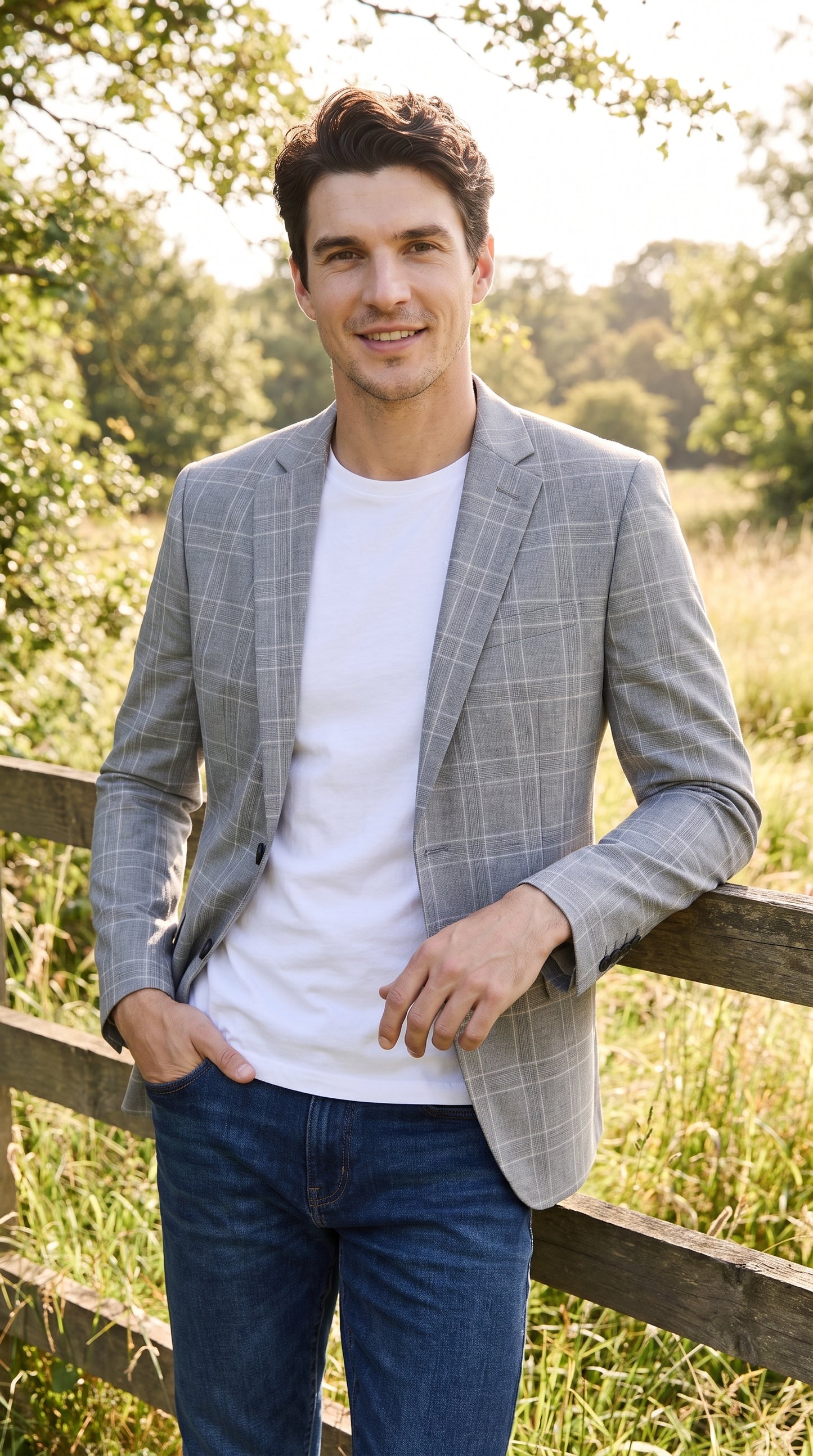 Men’s Light Grey Double Windowpane Plaid Western Blazer, Two Button Regular Fit Saco Vaquero Sport Coat