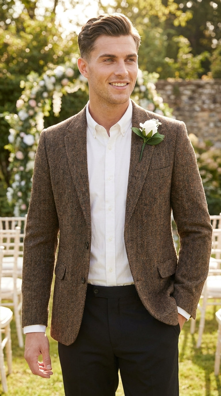 Men’s Dark Brown Tweed Herringbone Blazer, Classic Dress Sport Coat for Wedding and Casual Wear