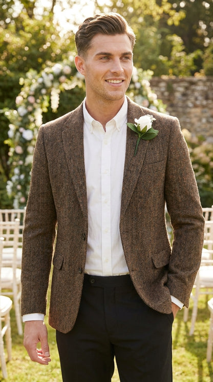 Men’s Dark Brown Tweed Herringbone Blazer, Classic Dress Sport Coat for Wedding and Casual Wear