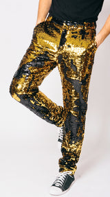 Men’s Gold and Black Sequin Pants, Shiny Party Stage Performance Dress Pants