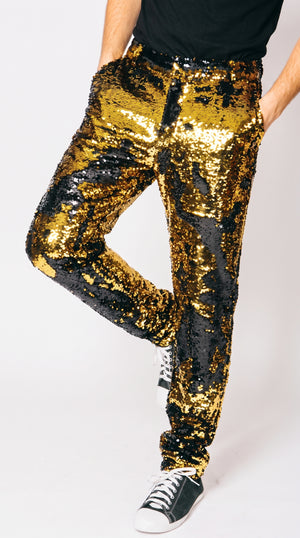 Men’s Gold and Black Sequin Pants, Shiny Party Stage Performance Dress Pants