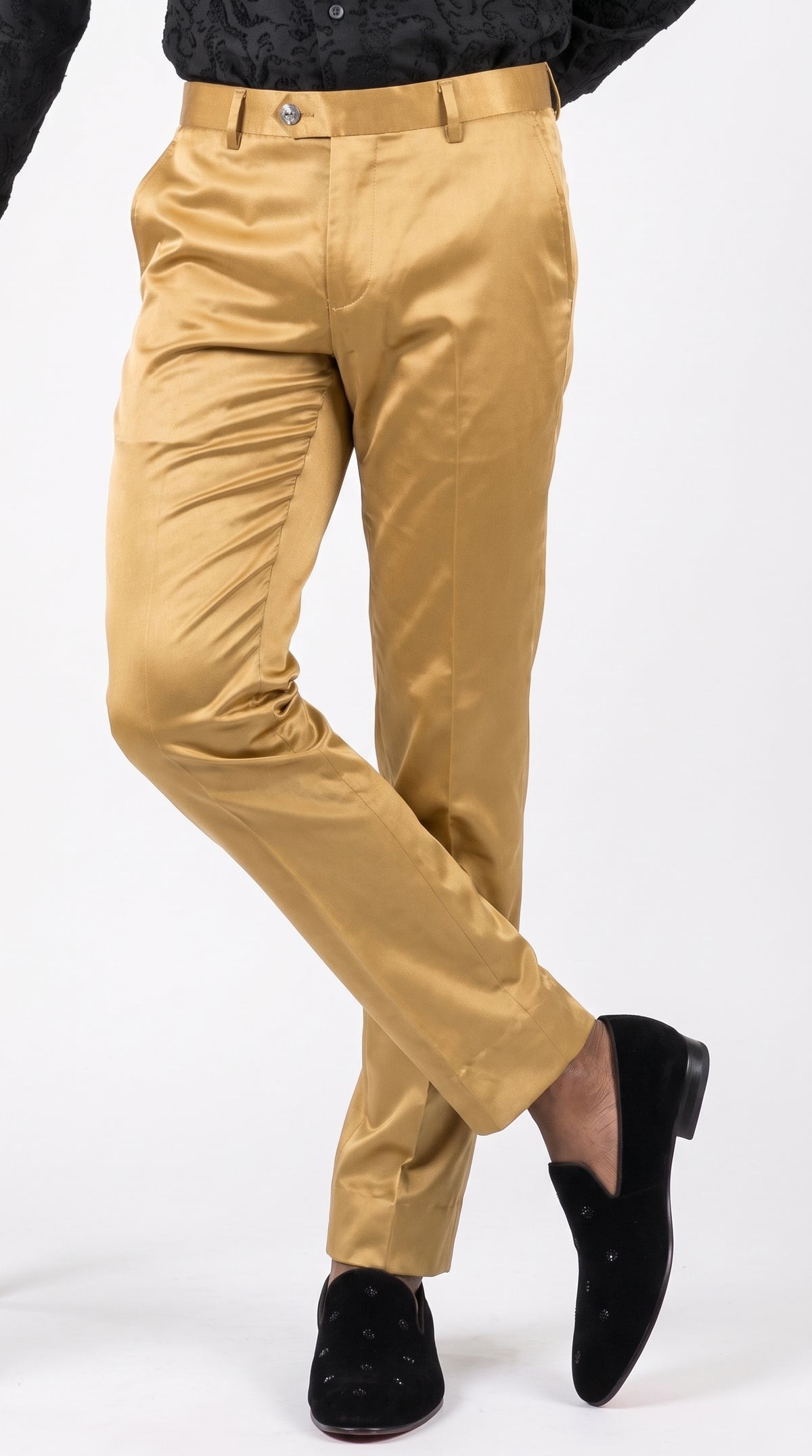 Men’s Gold Sateen Shiny Dress Pants, Formal Slim Fit Party and Prom Pants