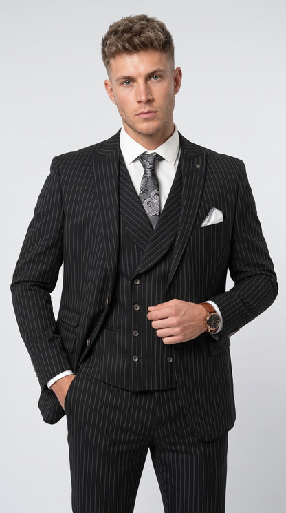 Men’s Black Gangster Pinstripe 3-Piece Suit – 2 Button Jacket with Double-Breasted Vest, Modern Fit